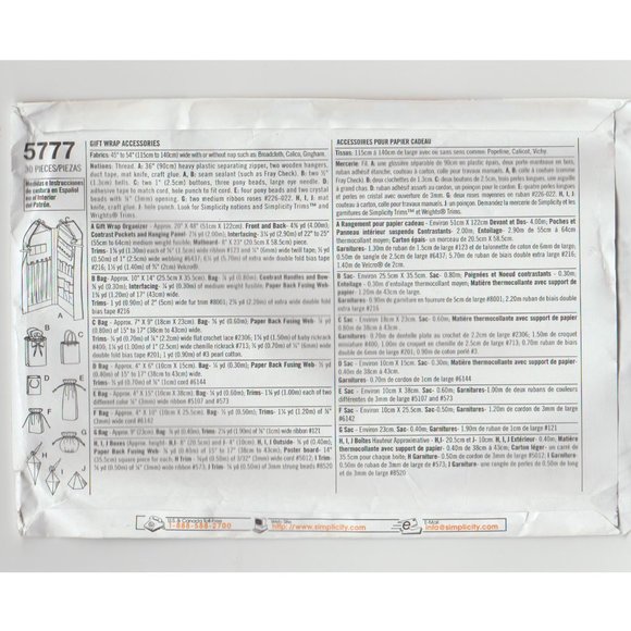 Unused Pattern Home Decor Simplicity 5777 Gift Wrap Accessories Storage Bags - Picture 3 of 3